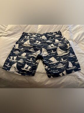 J. Crew Navy Hybrid Shorts with White Nautical Sailboat Print.  9 inch inseam